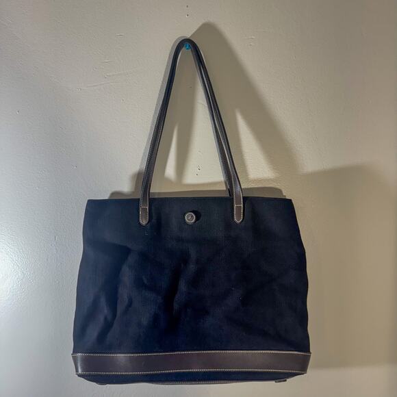 St. John's Bay Black Canvas Tote Bag | Brown Leather Trim | Y2K Minimalist - Picture 1 of 8